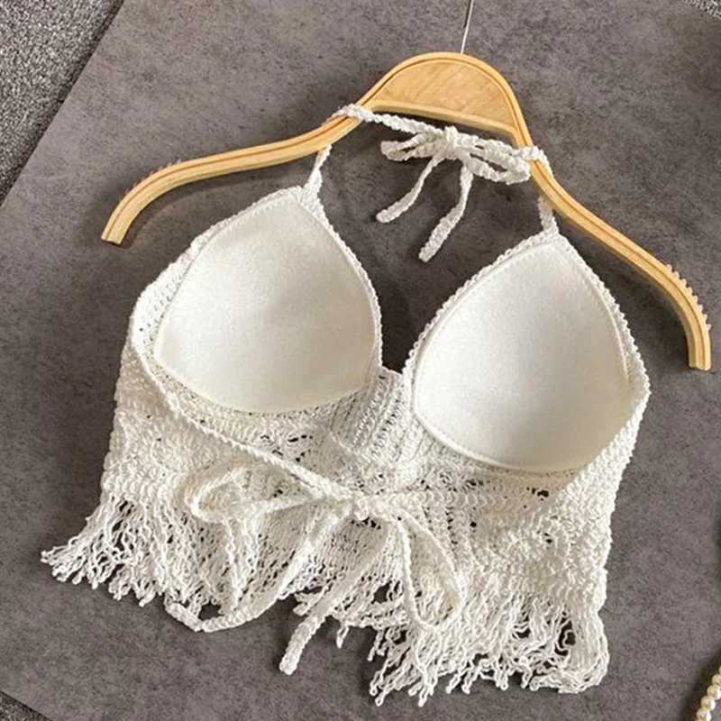 Kvinnors badkläder sexig boho strand semester kamisol halter kvinnor virkning stickad baddräkt bh rygglös väst ihålig tofs tank topp kvinnor skördetoppar d240424