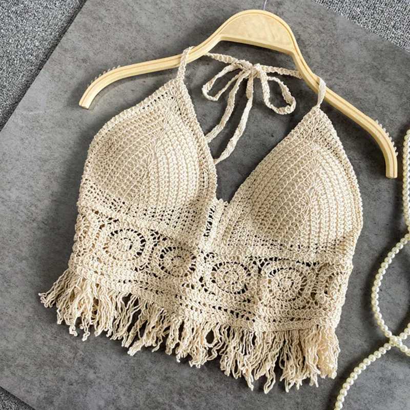 Kvinnors badkläder sexig boho strand semester kamisol halter kvinnor virkning stickad baddräkt bh rygglös väst ihålig tofs tank topp kvinnor skördetoppar d240424