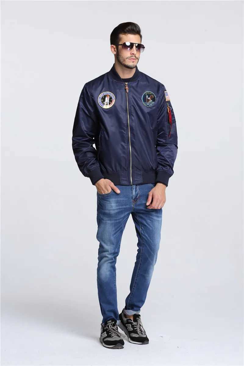 Jackets masculinos 2023 Novo Autumn Apollo Thin 100 Space Shuttle Missão Thin Ma1 Bomber Hip Hop US Air Force Pilot Flight Academy Mens Jacketsl2404