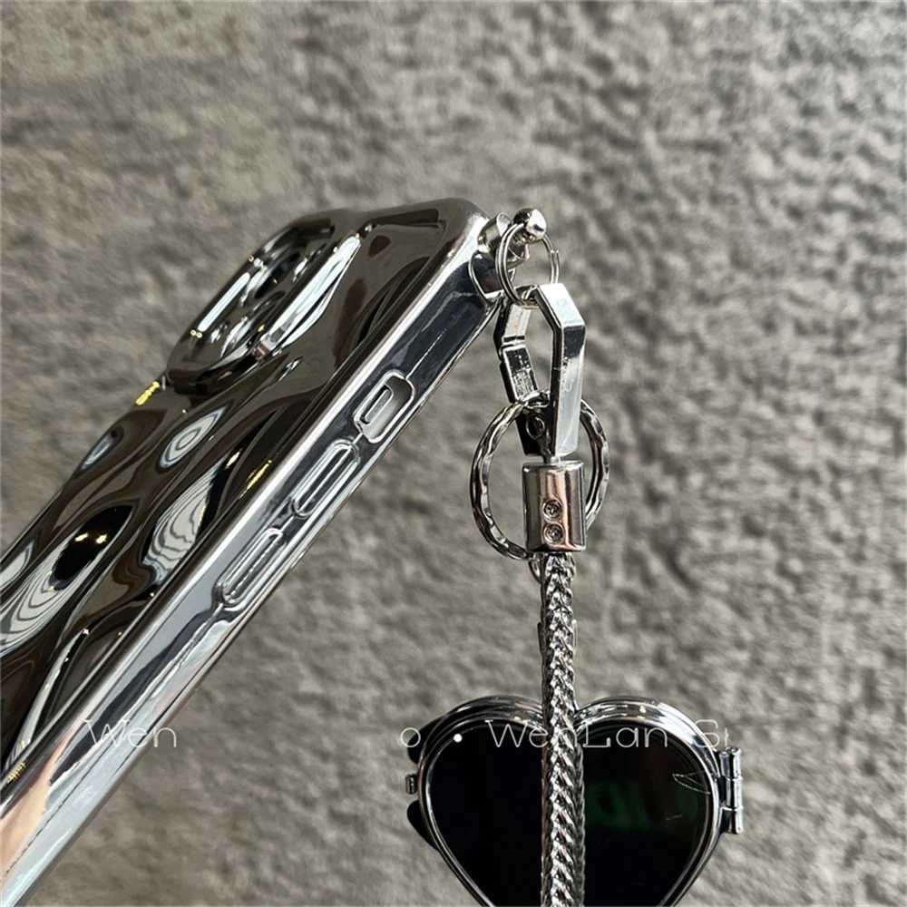 Cas de téléphone portable coréen laser météorite texture Love Heart miroir bracelet chaîne de chaîne pour iPhone 14 13 12 11 15 Pro Max XS 14 Plus couvercle de placage D240424
