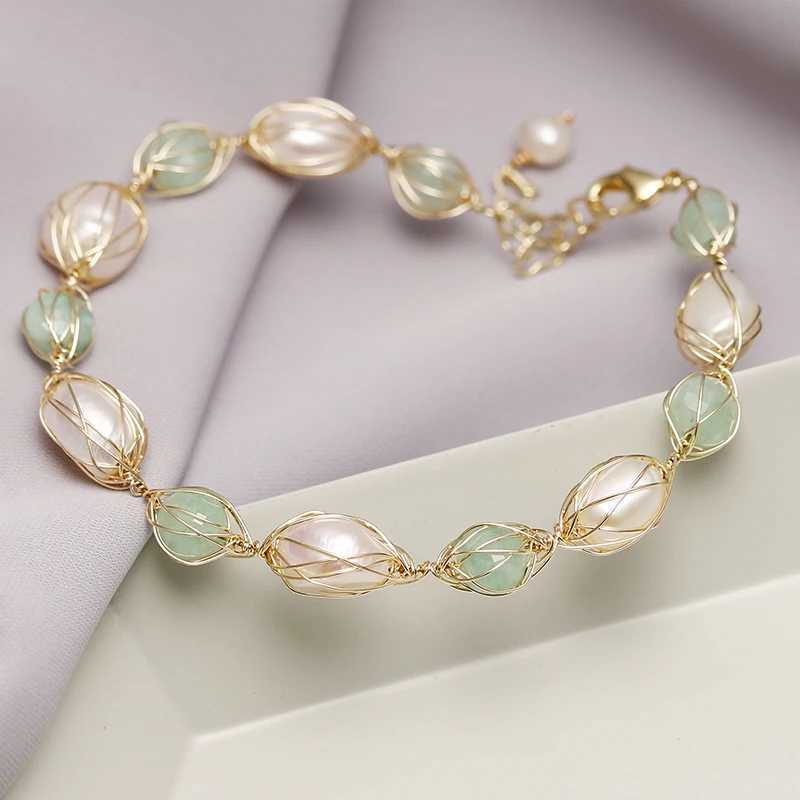 Beaded Original Handmade 14k Guldfylld barock naturligt sötvatten Pearl Jade Lady Armband Jewelry for Women Promotion Gift 240423