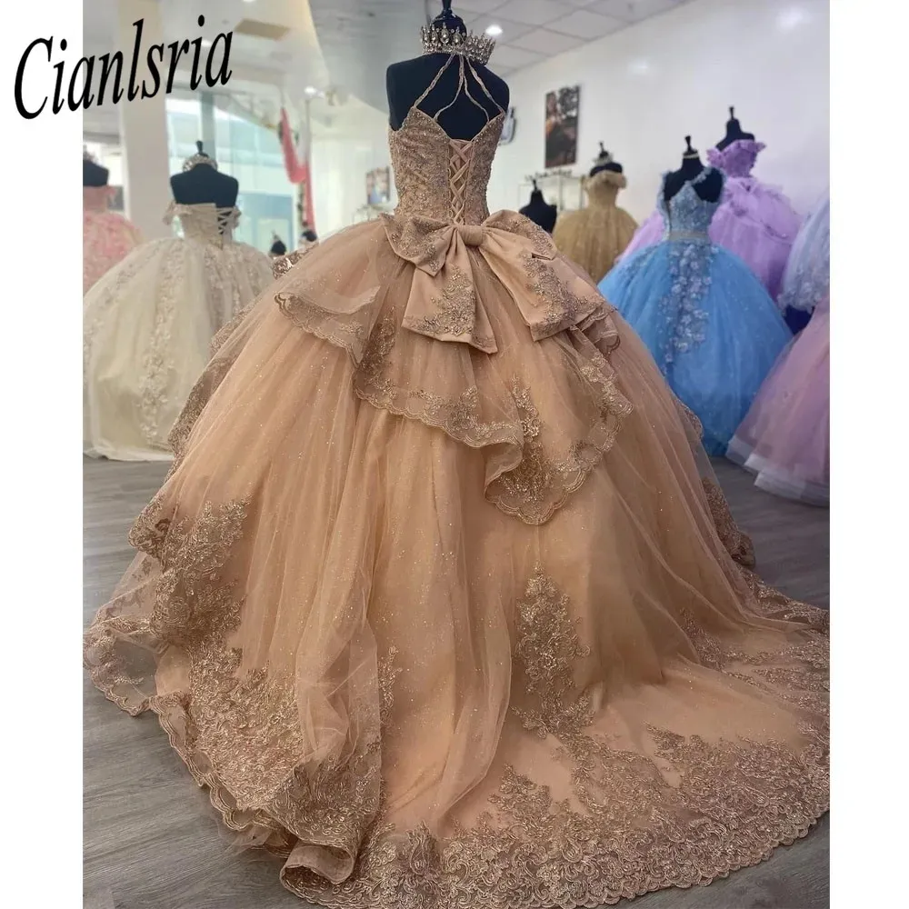 Schijnbloembloemen Appliques Corset Halter Nek Quinceanera Dresses Ball Gown Princess Dress Vestidos de Quinceanera