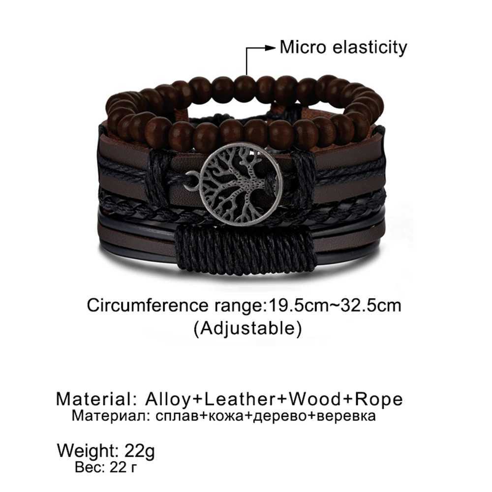 Tonad ifmia 3/ 4st/ set flätad wrap läderarmband för män vintage livsträd roder charm trä pärlor etniska stam armband 240423