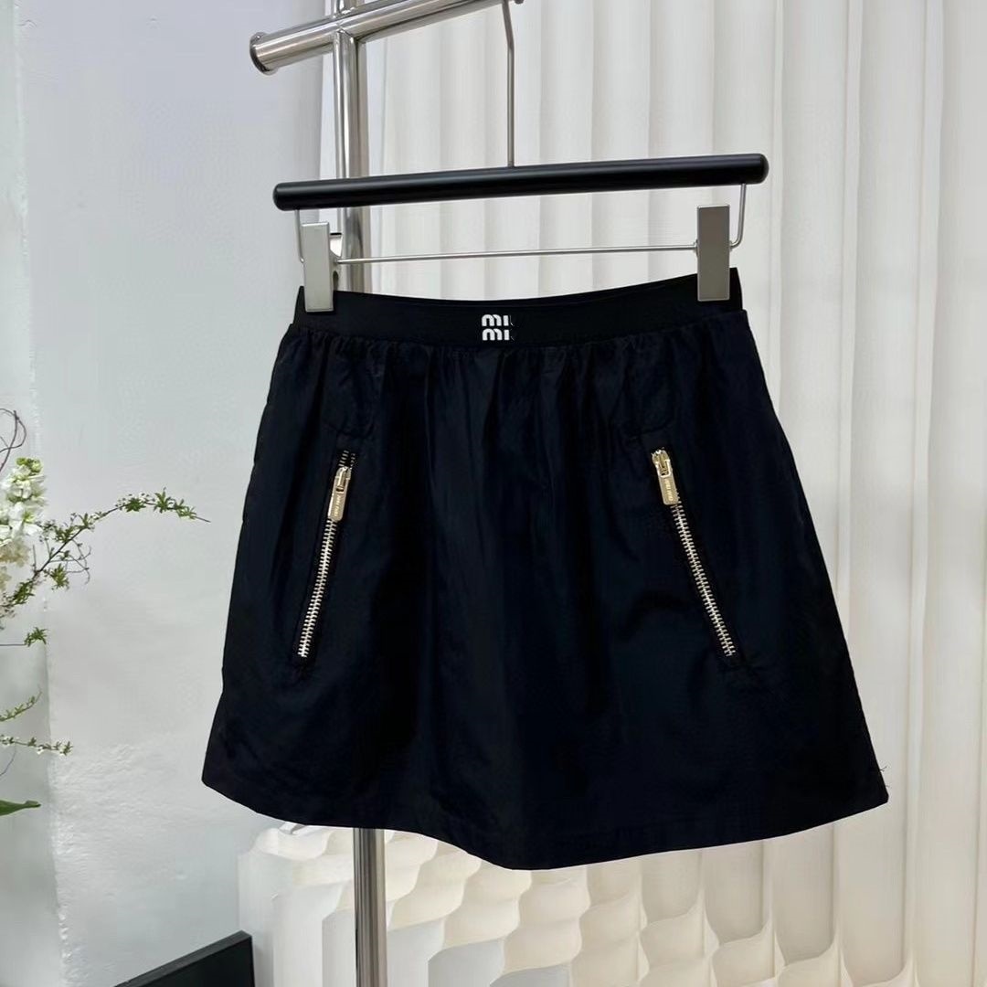 New women elastic waist letter embroidery black color zipper patched a-line short skirt SML
