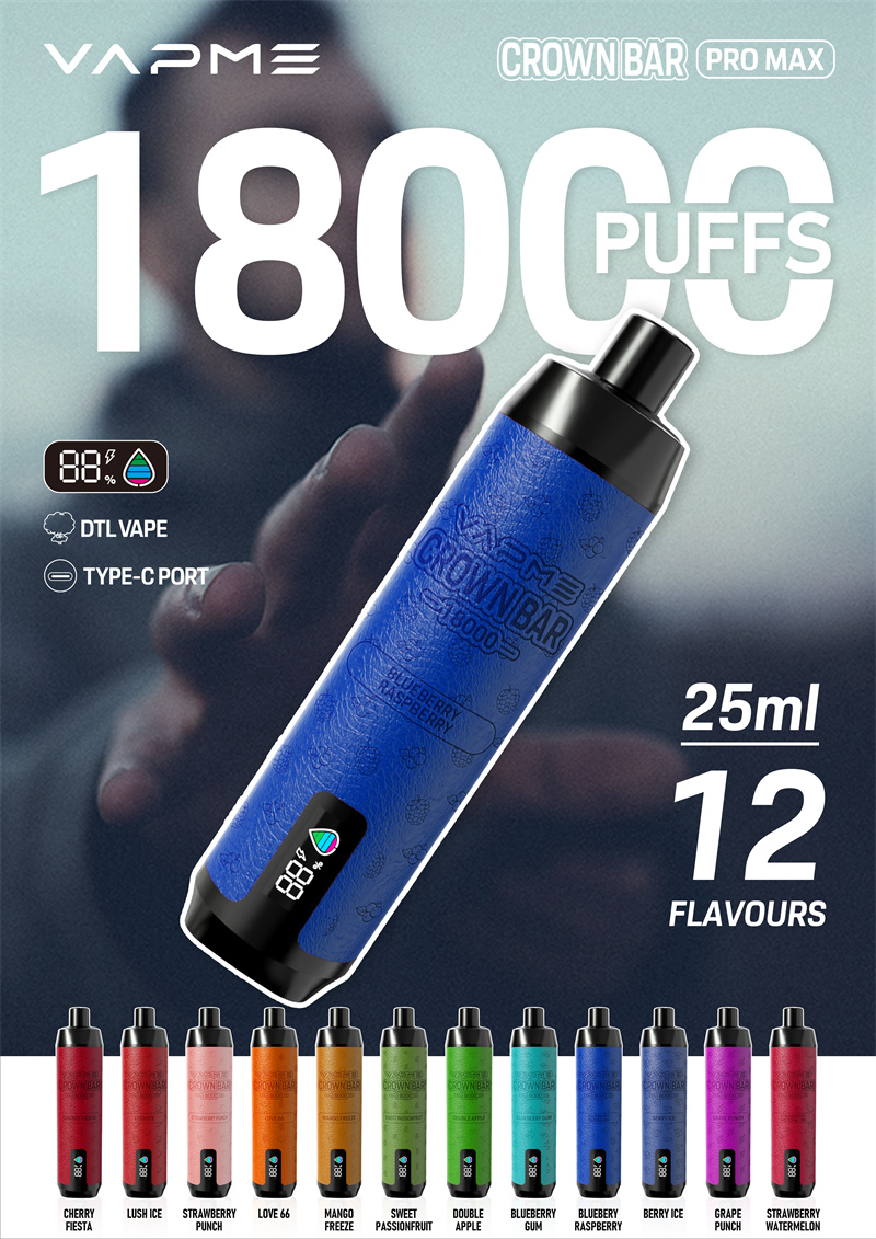 Autentico vapme crownbar 18kpuffs monouso dtl vape puff18k ricaricabile 25 ml e sigaretta 18000puff moblice in rete con bordo di ricarica della batteria liquida 0% 2% 3% 5%