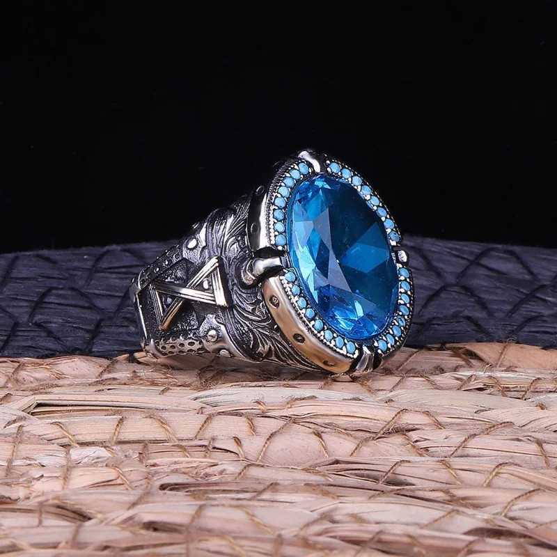 Wedding Rings Retro Handmade Turkish Rings for Men Vintage Metal Carving Pattern Silver Color Inlaid Blue Zircon Punk Ring Muslim Jewelry