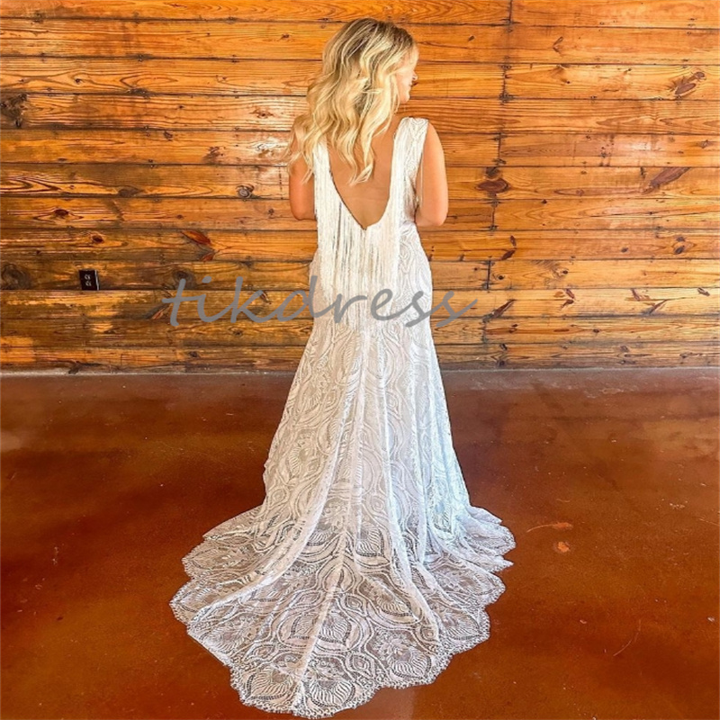 Crochet Full Lace Mermaid Wedding Dresses 2024 Elopement Plus Size Gatsby Bridal Dress Tassel Boho Bride Dress Vestios Novias Civil Rustic Country Robe Mariage