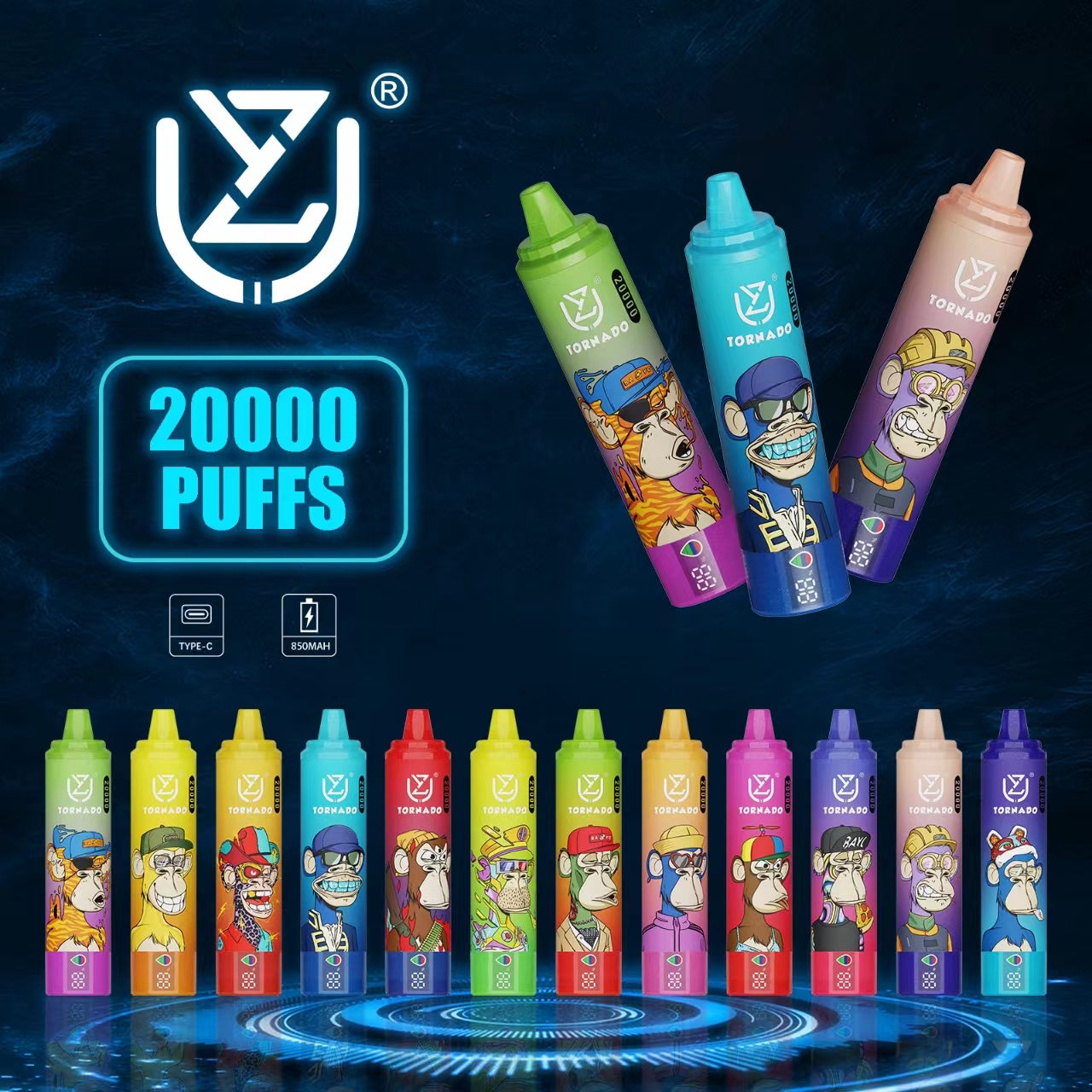 Tornado 20K Puffs 20000 Uzy jednorazowe zbiór pióra Vape Cewka z siatki 12 Smaki 850 mAh Bateria do ładowania przed naładowanym 28 ml pudełka VS 15k