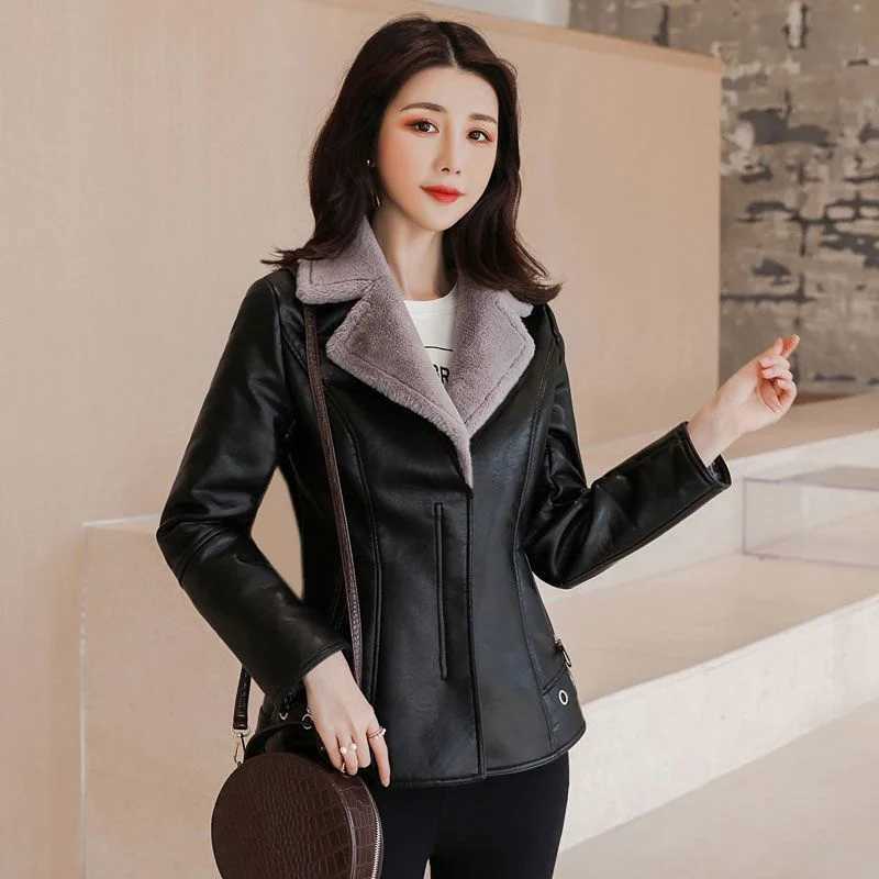 Damesleer Faux Leather 2023 Nieuwe Winter Pu Leather Jacket Korte Blazers Coat Fleece Dubbele lederen Outerwear Lady Lady Slim Pak Vrouwen Tops Jacketsl2404