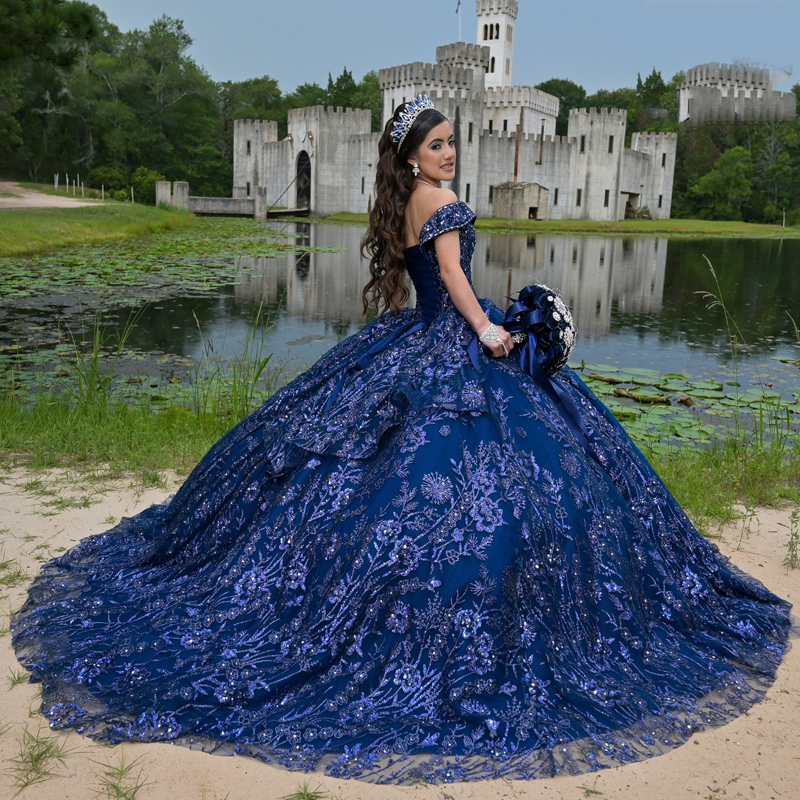 Granatowa księżniczka quinceanera ubiera się od barku suknia balowa słodka 16 sukienki koraliki aplikacje koronkowe tull vestidos 15 de xv anos