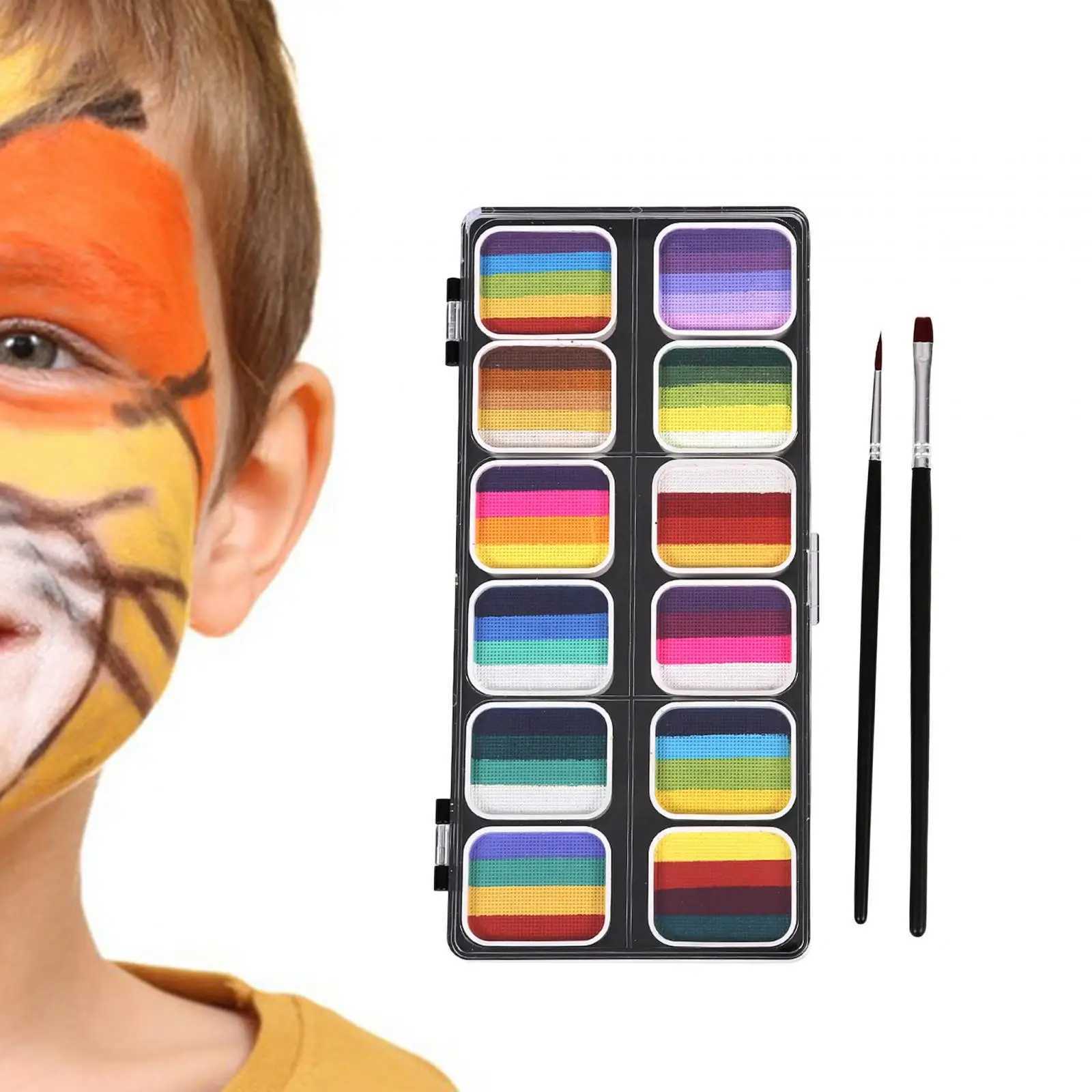 Kit de maquiagem da paleta de tinta face corporal 12 tintas à base de água para o cosplay de Halloween prático com 2 pincéis de pintura de rosto Conjunto de pintura colorida D240424