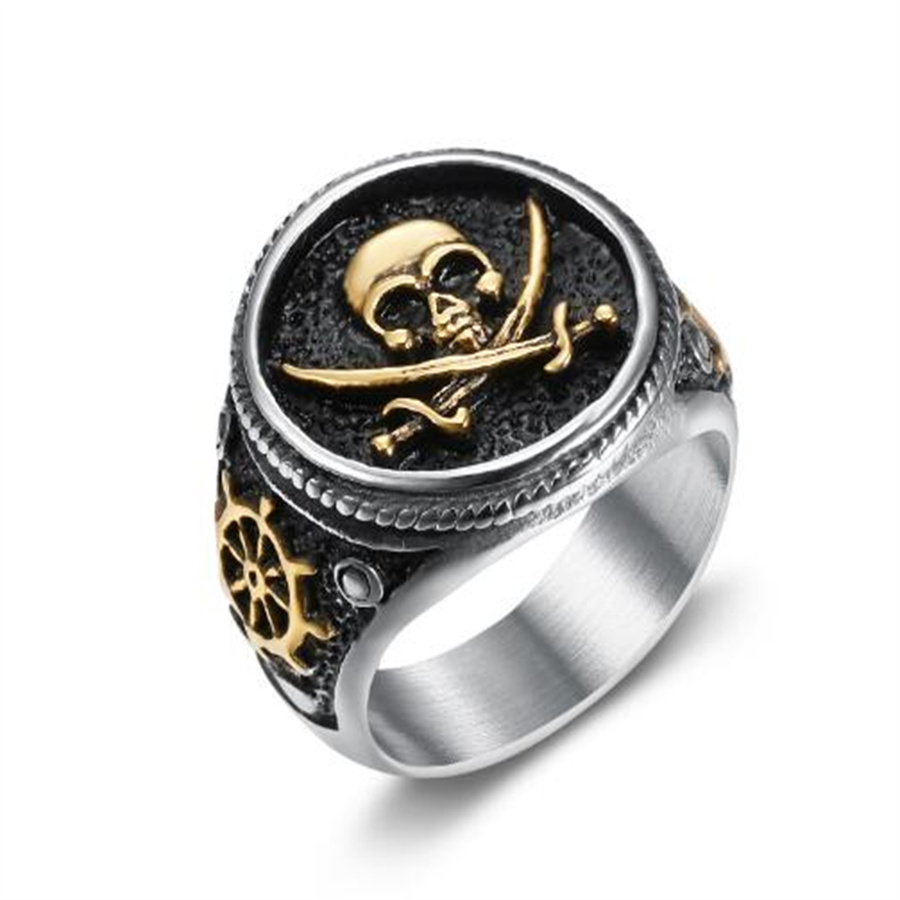 Europäische und amerikanische karibische Piraten Schädelsiegelring für Männer Vintage Index Finger großer Edelstahl Ring AB186