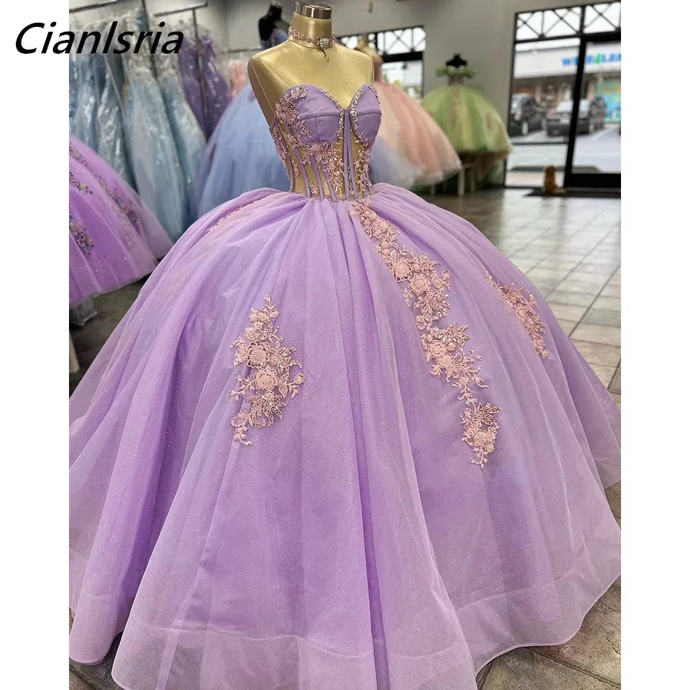 Lila Illusion Perlenkristall Quinceanera Kleider Ballkleid Floral Applikationen Spitzen Korsett Vestidos de 15 Anos