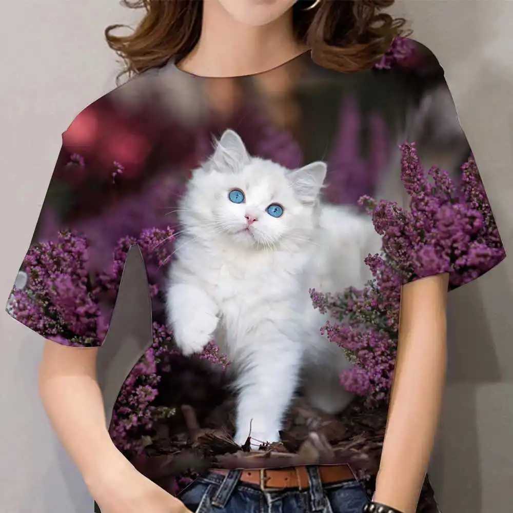 レディースTシャツ3Dカワイイ猫印刷物ストリートウェア女性Tシャツカジュアルカジュアルサイズの半袖Harujuku Animaly Y2K女性トップスTEES 240423