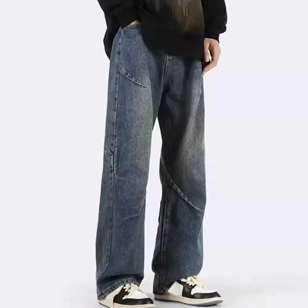 Men's Jeans Men Straight Leg Jeans Mens Hop Style Denim Pants Womens High Waist Baggy Trousers Wide Leg Jeans with Draped Pockets 240423