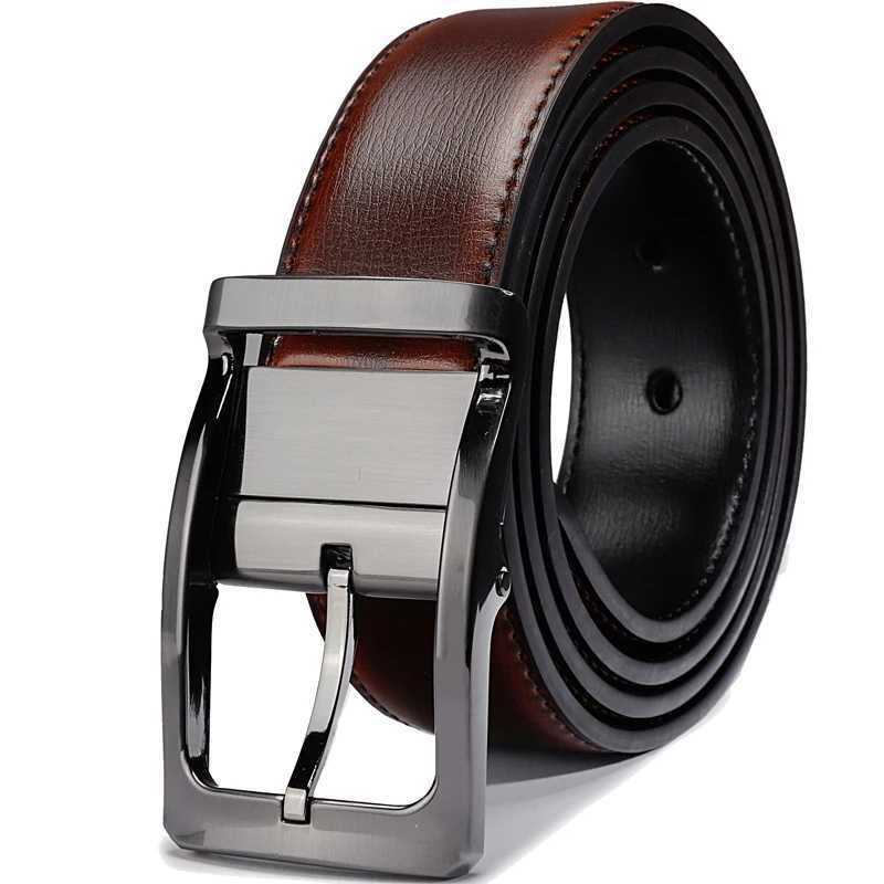 Belts Mens Genuine Leather Reversible Belt Rotated Buckle Two In One Big And Tall 240423