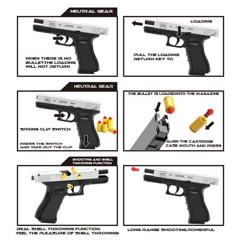 Gun Toys New Black Toy Gun. Automatisk skalutkastning mjuk kula luftpistol tom håll hängande maskin automatisk lastning2404
