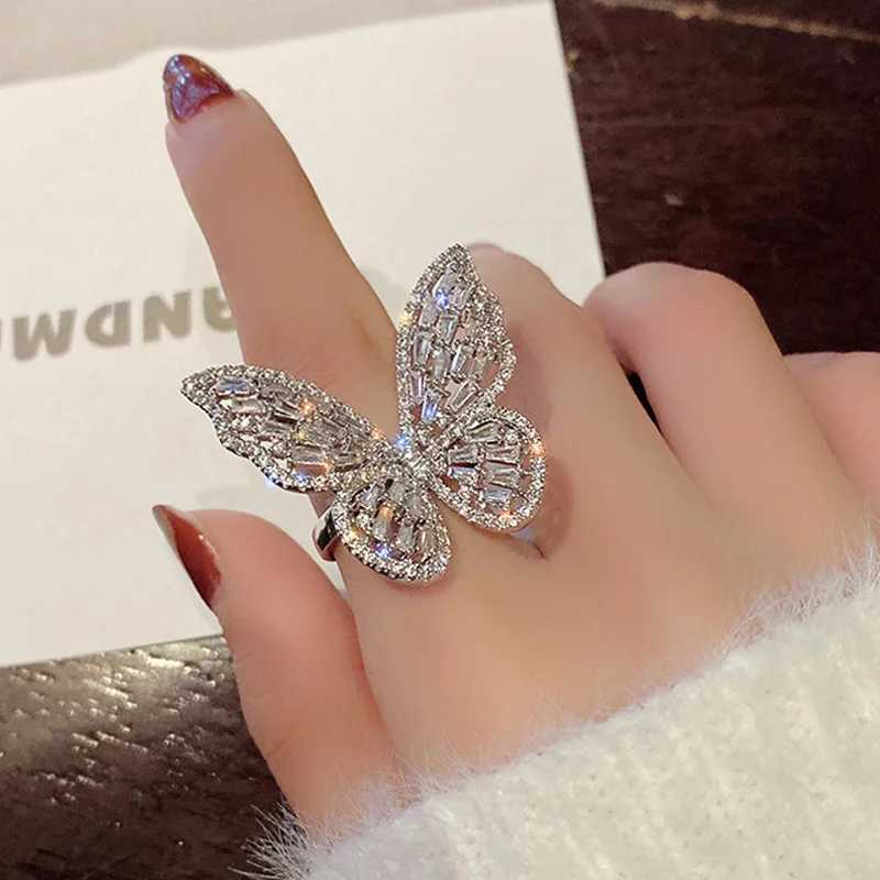 Wedding Rings Luxury Shiny Cubic Zirconia Butterfly Rings for Women Fashion Silver Color Metal Hollow Engagement Wedding Rings Jewelry