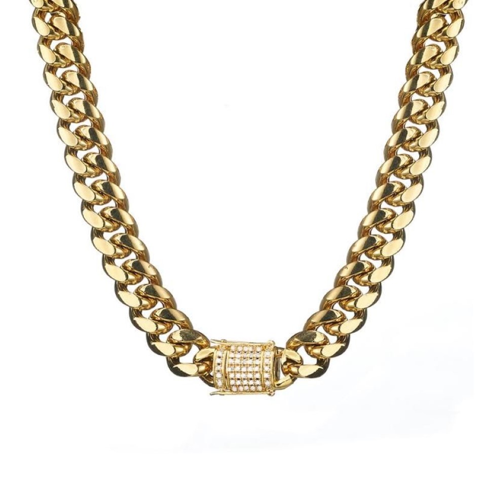 Łańcuchy o szerokości 6-18 mm stal nierdzewna kubańskie naszyjniki z Miami Cz pudełko cyrkonowe Zamek duży ciężki złoty łańcuch dla mężczyzn hip hop raper biżuteria 271B