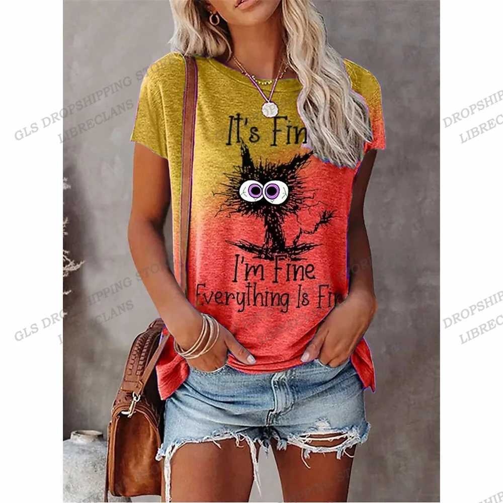 Kadın T-Shirt Kadın T-Shirts Mektubu 3D Baskı T-Shirt Kadın Moda Kısa Kollu Üstler Tees Harajuku Günlük Tee Gömlek Gevşek Camisetas Hayvan 240423