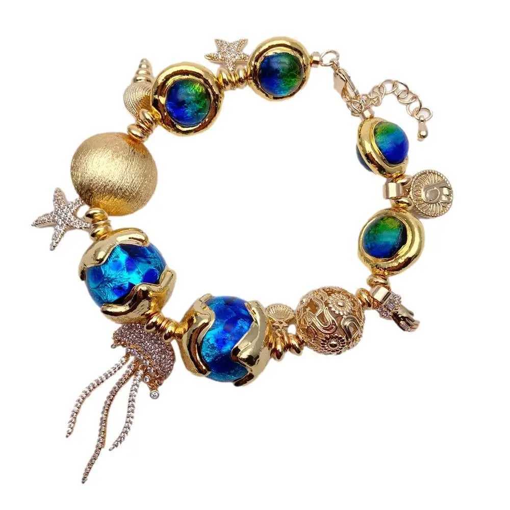 En perlé kkgem 16 mm-19 mm bleu murano verre or plaqué cz pave gelée poisson charme bracelet femmes bijoux 240423