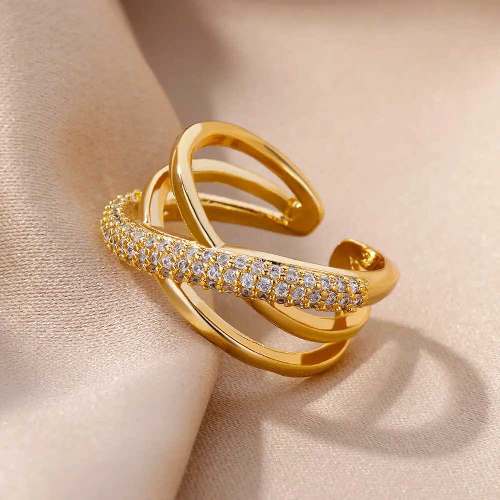 Wedding Rings Fashion Gold Color Stainless Steel Rings For Women Chain Hollow Out Crystal Zircon Finger Ring Jewelry 2023 Gift anillos mujer