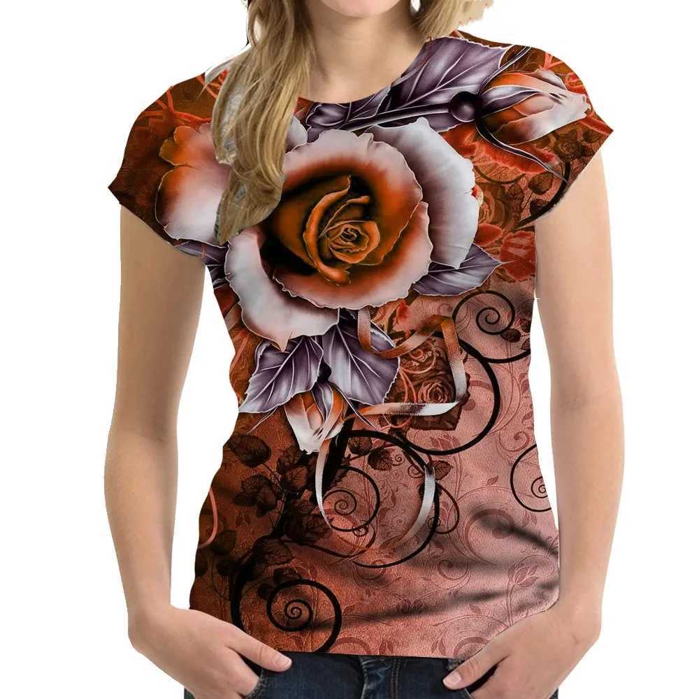 Women's T-Shirt Summer Womens T-shirts Top 3D Pink Gold Short Sleeve Rose Print Ladies T-Shirt Harajuku Fashion O-neck T Shirts Women Tees 240423