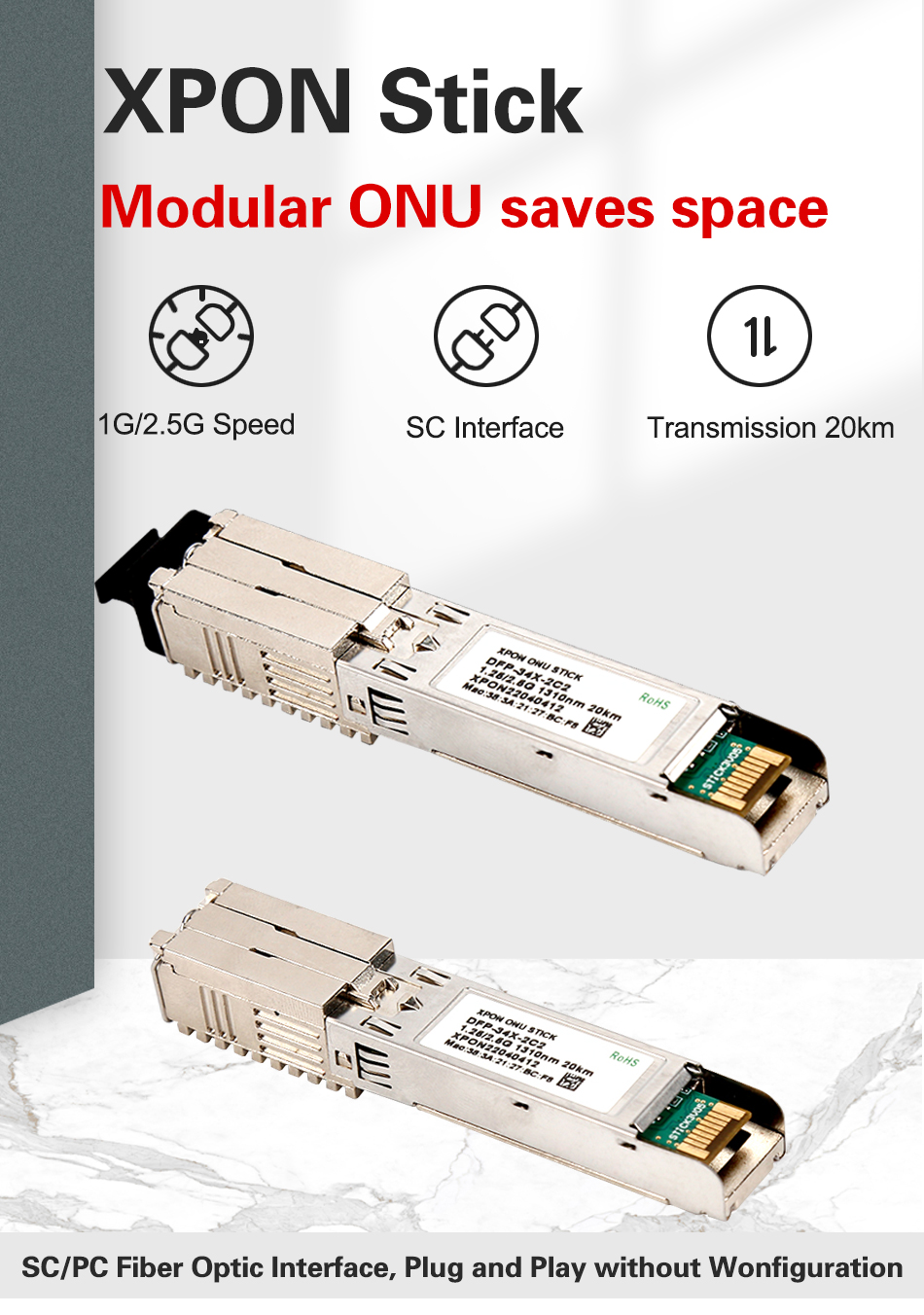 1,25 g/2,5 g di Xpon ONU Stick Modulo SFP con Mac PPPOE IPOE 1310NM/1490NM Connettore SC SC da 20 km Modulo PON OLT ONU MAC XPON = EPON/GPON