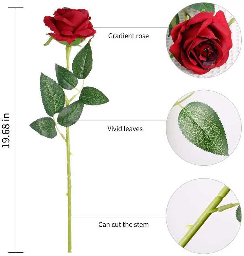 Sztuczna zieleń kwiatowa 10 sztuk czerwonych sztucznych róż fałszywa jedwabne jedwabne róże suszone kwiaty bukiety ślubne imprezy rodzinne walentynki dekoracje T240
