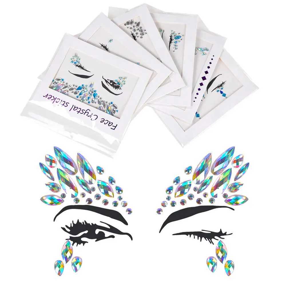 Kroppsfärg 6sts sjöjungfru ansikte juveler ädelstenar Rhinestones Rave Eye Body Tillfälliga klistermärken Crystal Face Stickers Dekorationer för festivalparty D240424