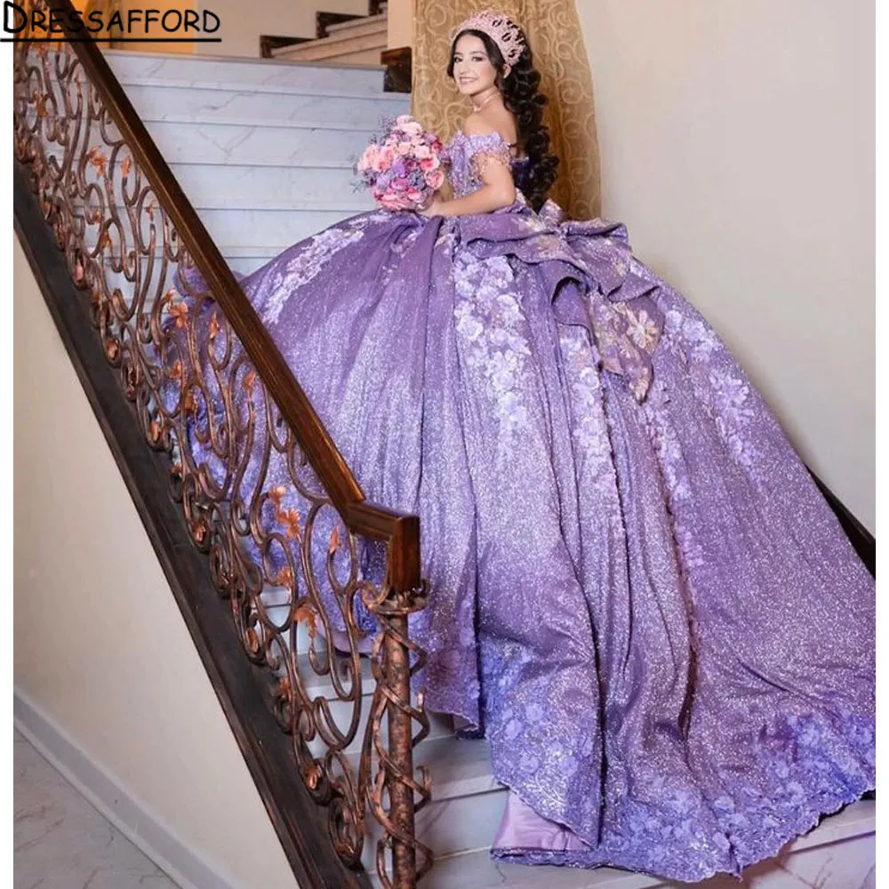 Purple Quinceanera Dresses Off Shoulder Blush Pink Sequined Lace Appliques Crystal Beads Sequins Ball Gown Tulle Guest Dress Evening Prom Gowns Corset Back