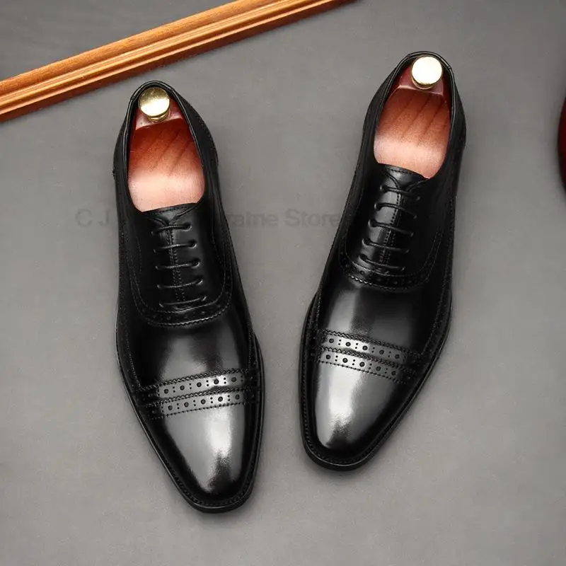 Chaussures formelles oxford de haute qualité Brun brun point pointu à lacet up up Business Wedding Gentine cuir chaussures pour hommes