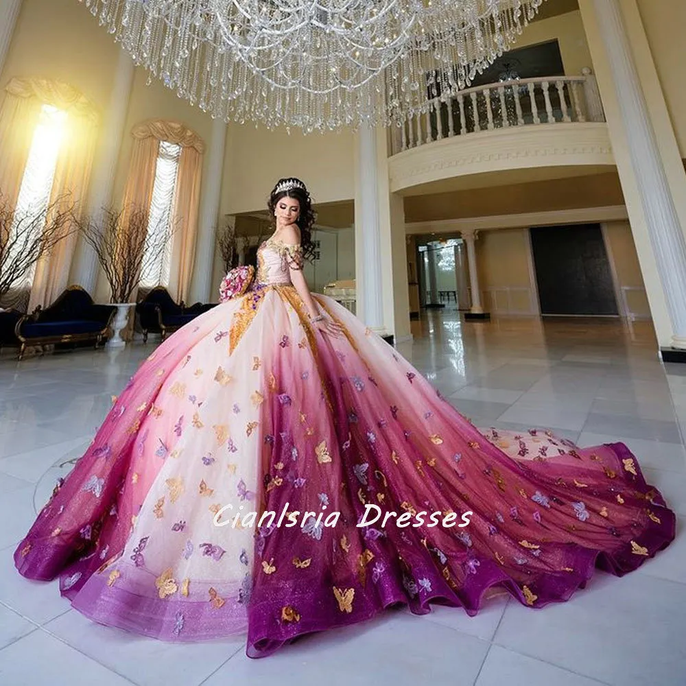 Colorful 3D papillon hors de l'épaule Corset Quinceanera Robes de bal robe de bal appliques dentelle Sweet 16 Vestidos de 15