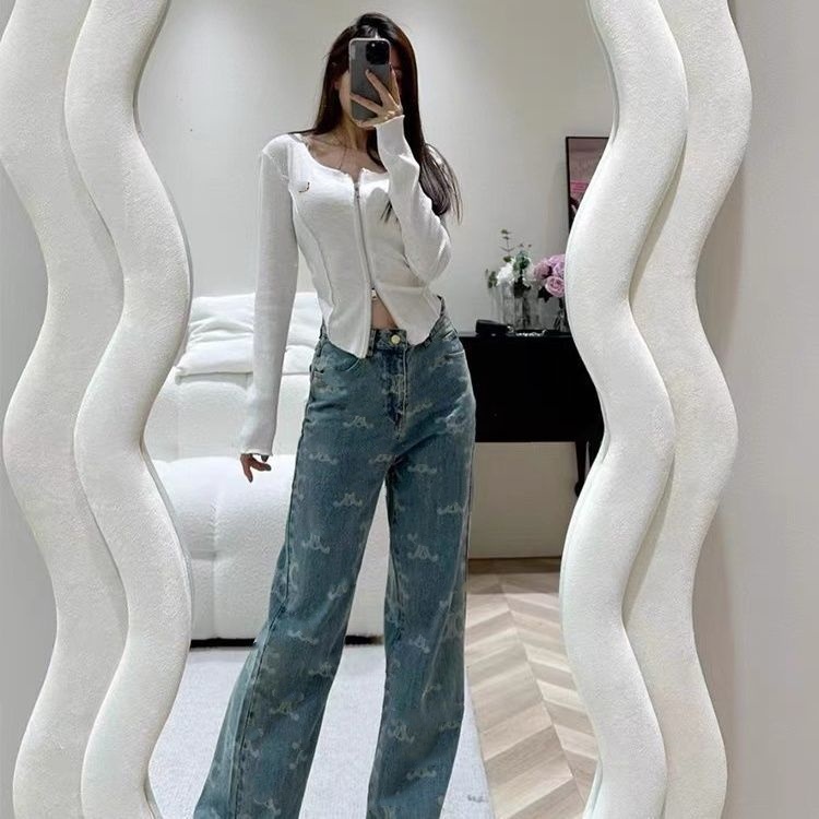 Frauen hohe Taille Logo Briefe Drucken Designer Denim Jeans lange Hosenhose SMLXL