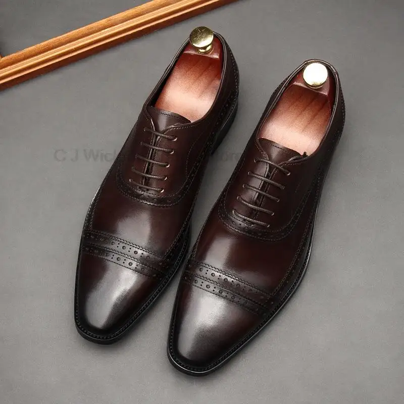 Chaussures formelles oxford de haute qualité Brun brun point pointu à lacet up up Business Wedding Gentine cuir chaussures pour hommes