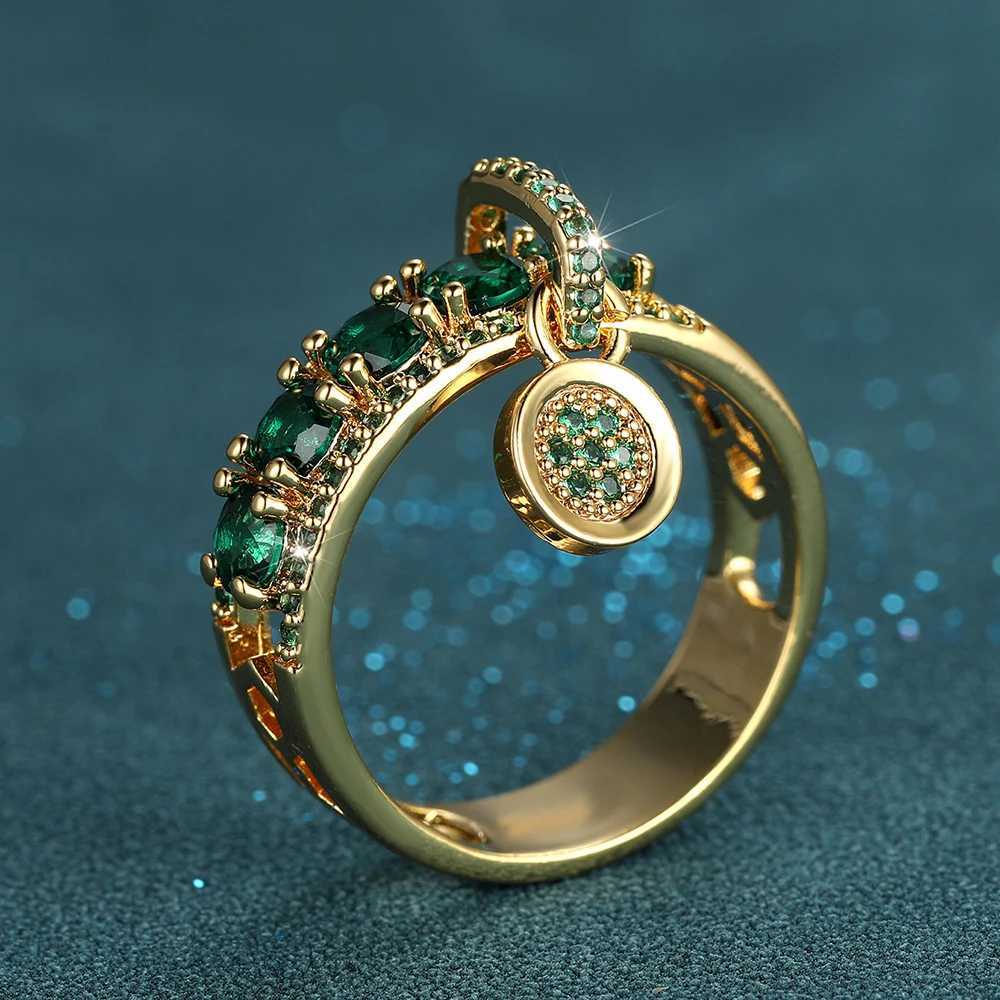 Wedding Rings Antique Green Stone Dangle Pendant Ring Gold Color Zircon Round Rings For Women Dainty Wedding Bands Valentine Day Jewelry Gifts