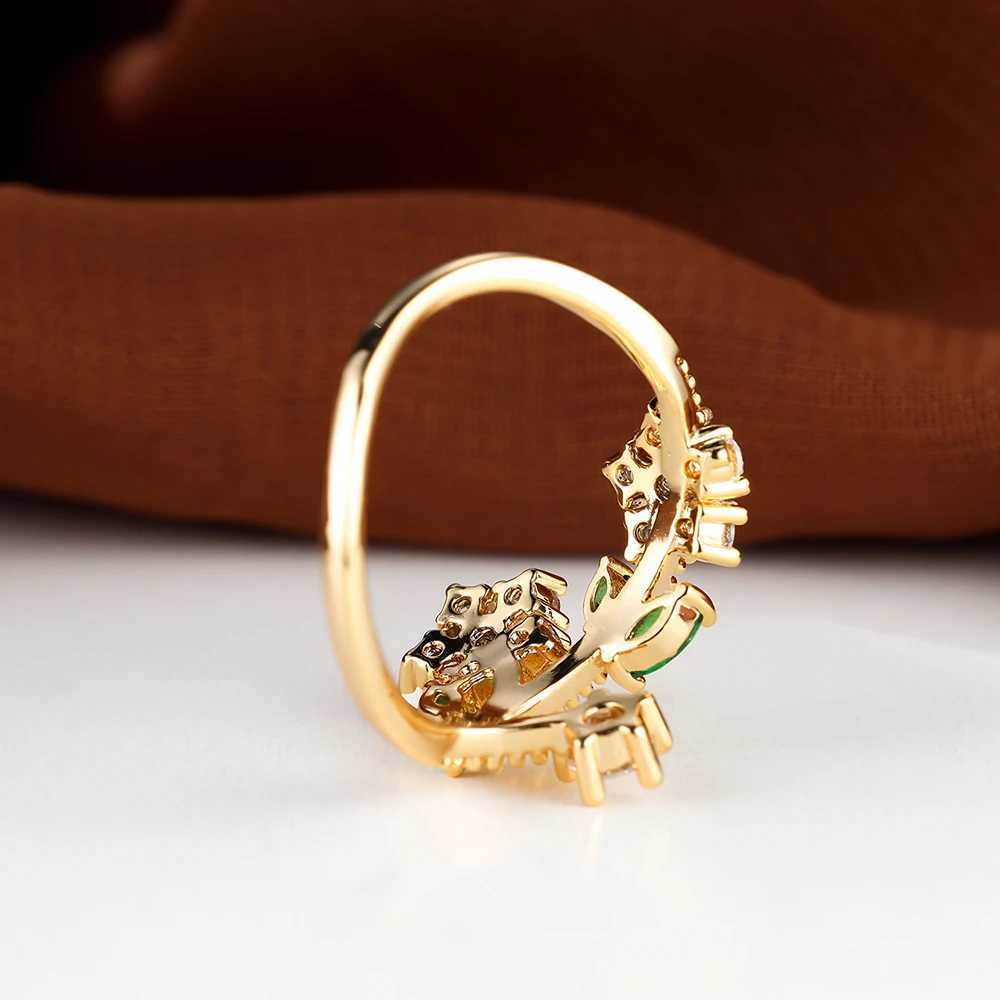 Wedding Rings Delicate Plant Leaf Flower Rings For Women Gold Color Green White Zircon Stacking Wedding Bands Ins Thin Ring Party Jewelry