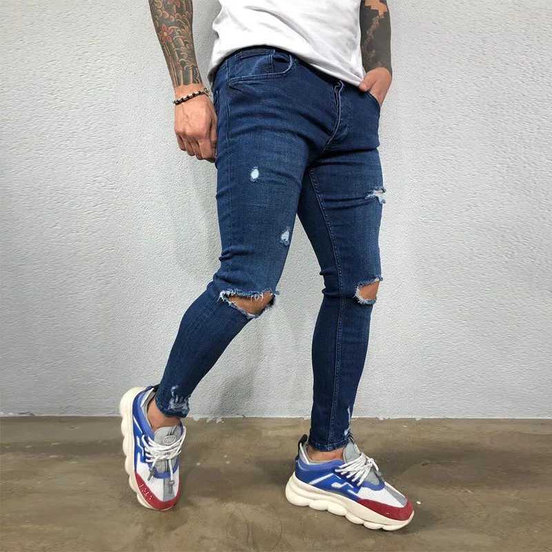 Mäns jeans män jeans knähål rippade stretch mager denim byxor fast färg svart blå höst sommar hip-hop stil smal passformare s-4xl 240423