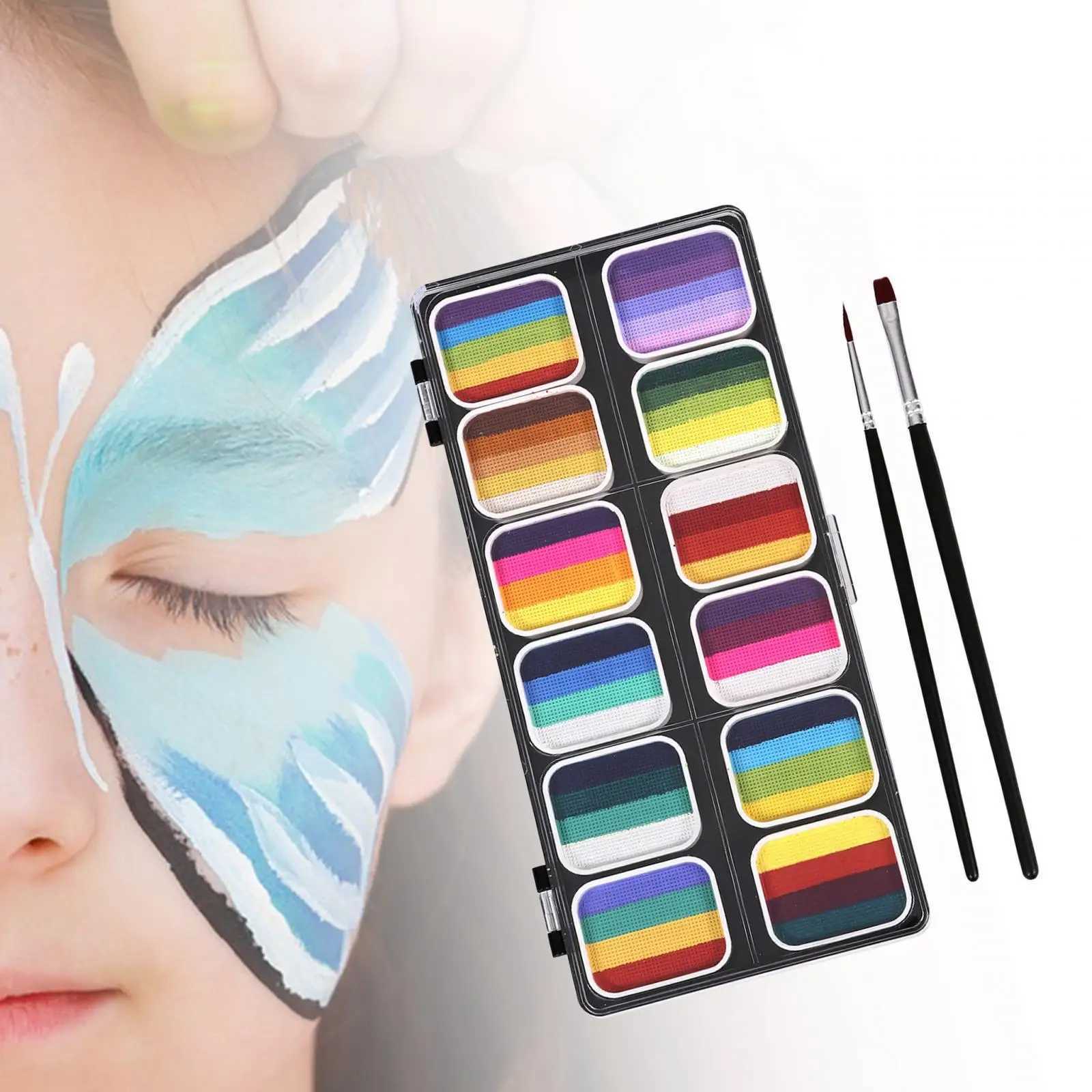 Kit de maquiagem da paleta de tinta face corporal 12 tintas à base de água para o cosplay de Halloween prático com 2 pincéis de pintura de rosto Conjunto de pintura colorida D240424