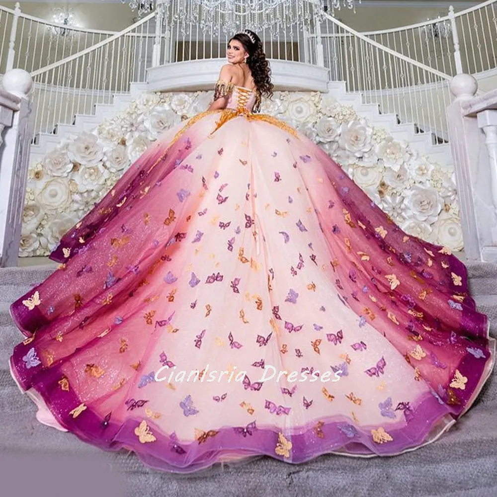 Colorful 3D papillon hors de l'épaule Corset Quinceanera Robes de bal robe de bal appliques dentelle Sweet 16 Vestidos de 15