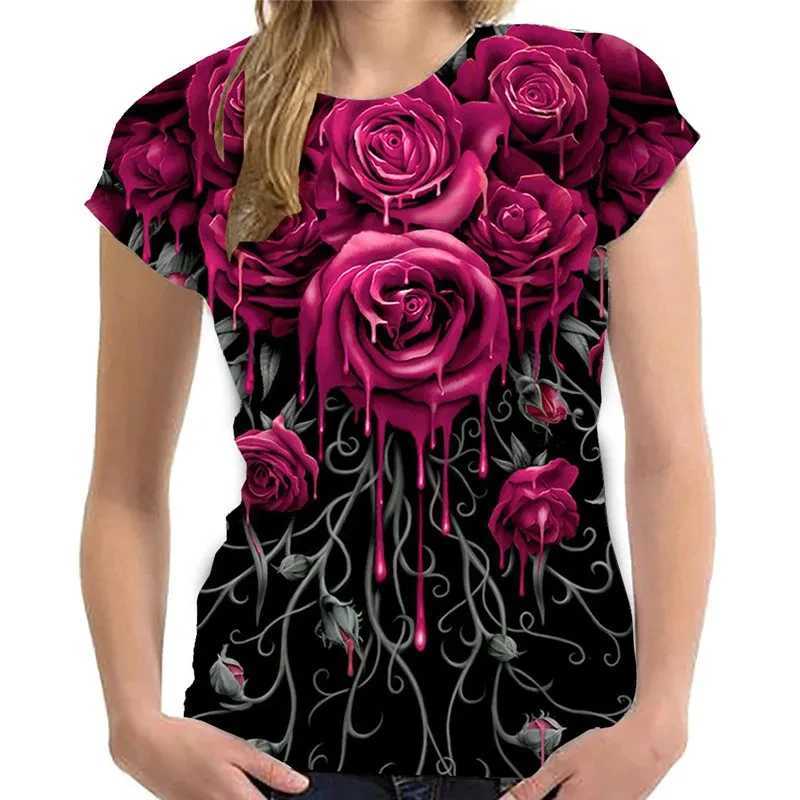 Kvinnors t-shirt Summer Womens T-shirts Top 3D Pink Gold Short Sleeve Rose Print damer T-shirt harajuku mode o-hals t skjortor kvinnor tees 240423