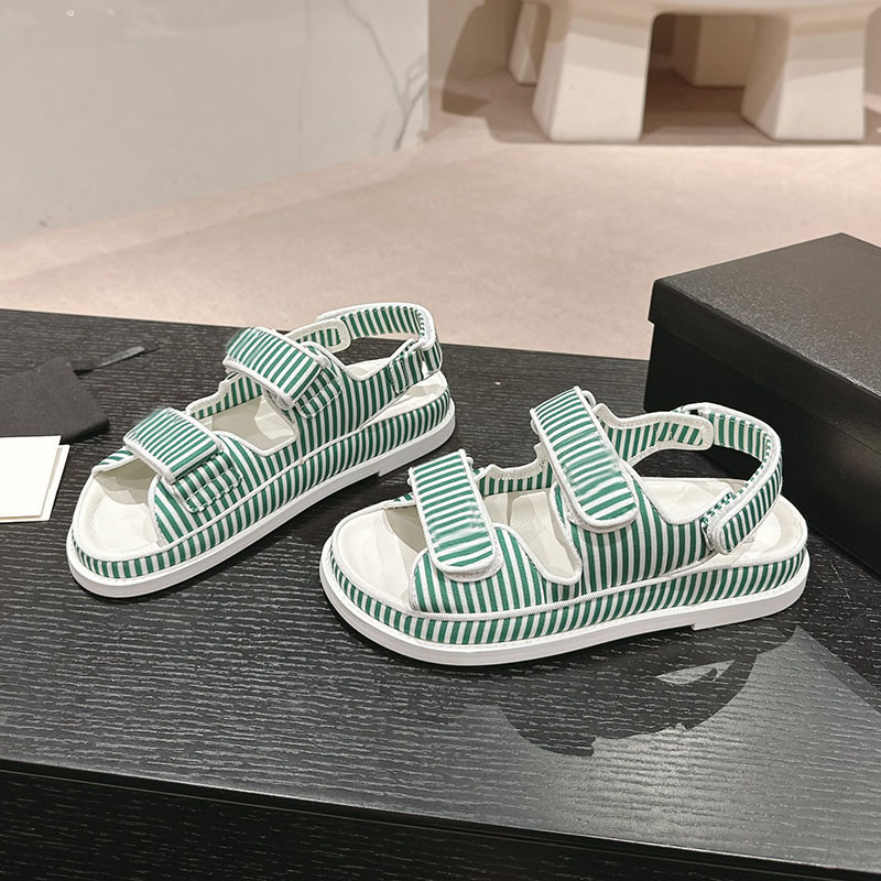 Velcro Striped Fabric Sandals Summer Flat Heel Sandal Luxury Designer Sandals Woman Beach Leisure Sandal for Women Slippers Fashion Cowhide Leather Bottom Shoes