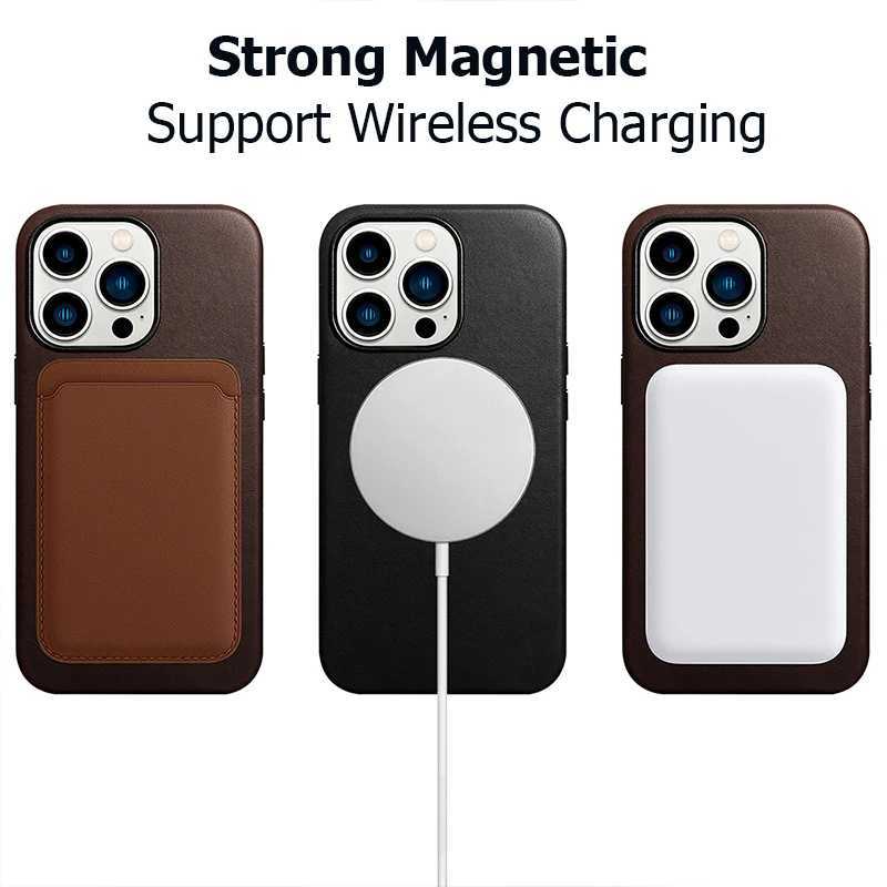 Cas de téléphones portables Étui en cuir authentique doux pour iPhone 14 Pro Max Quality Interrum Analyse For iPhone 15 Pro Max Magnetic Charge Phone Retour Couverture D240424