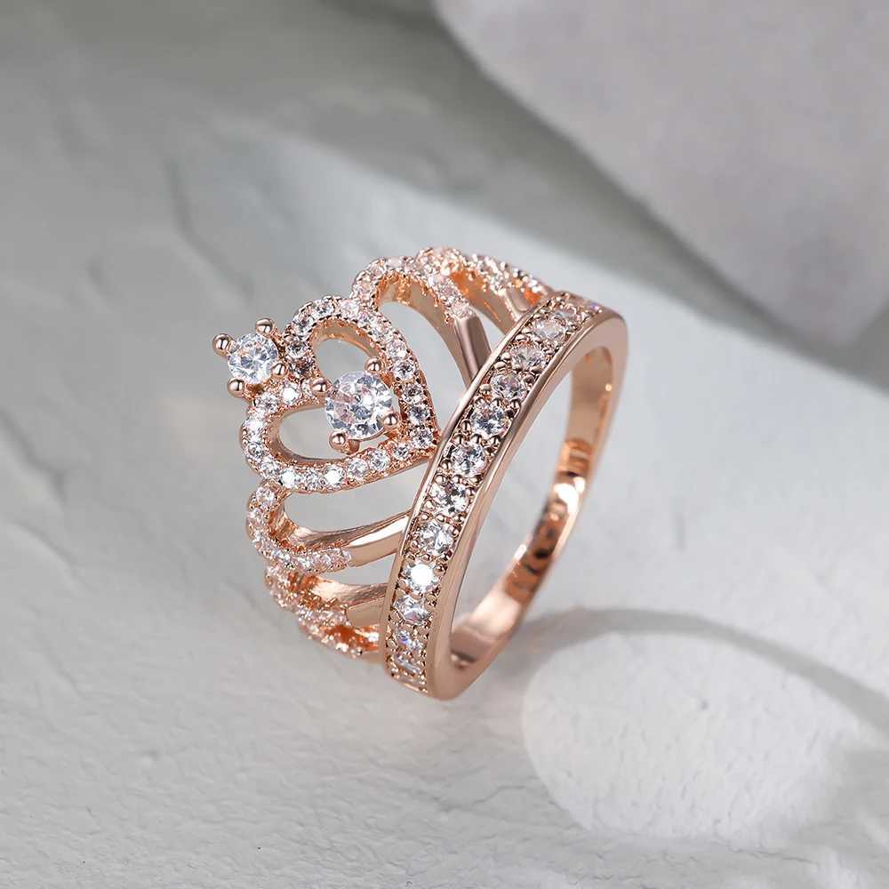 Wedding Rings Classic Heart Crown Rings For Women Rose Gold Silver Color Inlay White Zircon Promise Engagement Wedding Bands Mothers Day Gifts