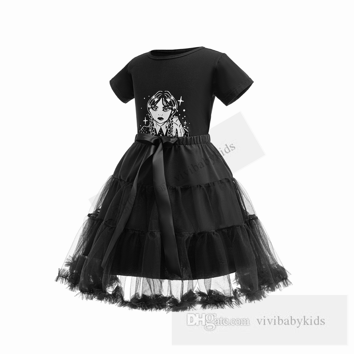 Black Adams cosplay sets International Children's Day Performance cosumes kids cartoon printed short sleeve T-shirt with lace tulle skirt Z7846