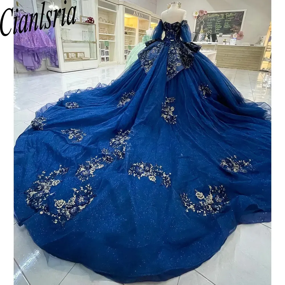 Robe de bal à manches détachables en cristal en cristal bleu robes quinceanera robes sans bretelles appliques en dentelle