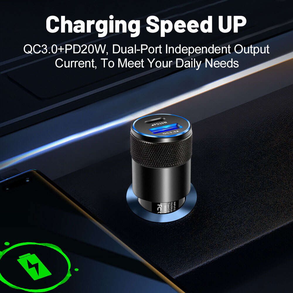 NOUVEAU 38W USB + TYPE C Small and Portable Metal Charging Aluminium Alloy Fast Car Charger pour téléphone mobile