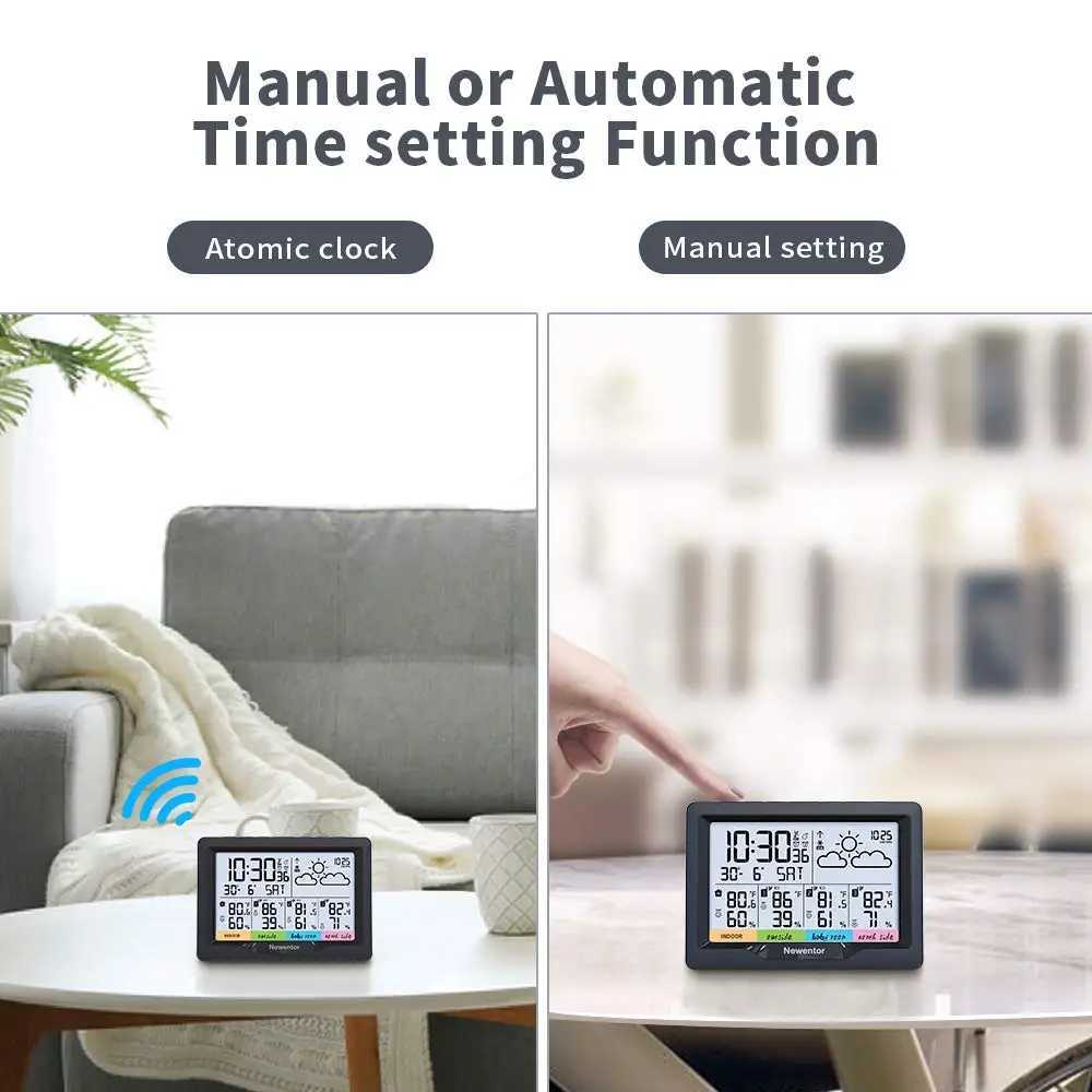 家庭用温度計newentor Weather Stationクロックデジタル温度湿度温度計ワイヤレス湿度計3センサー屋内屋外モニターT24042