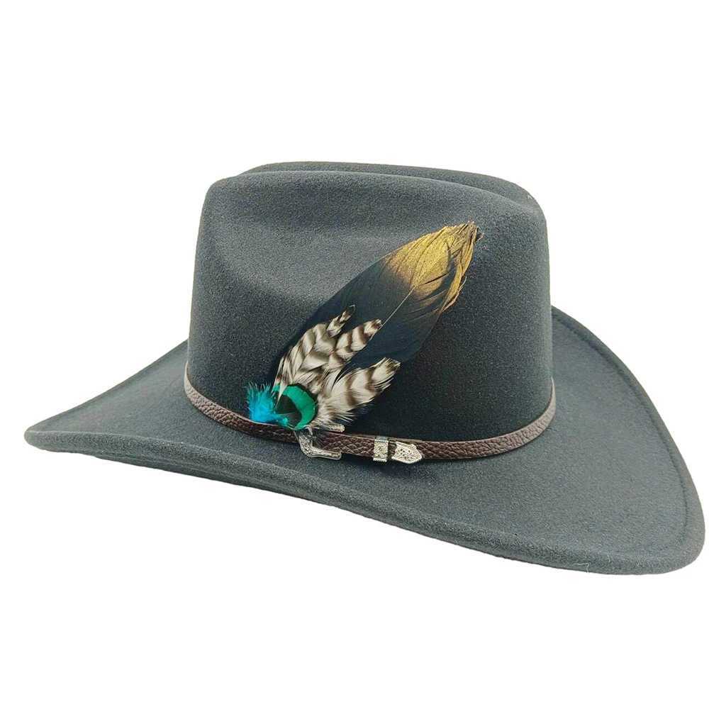 Brede rand hoeden emmer hoeden herfst en winter westerse cowboyhoeden voor mannen en vrouwen grote rand hoeden nieuwe veren accessoires retro gentleman cowboy hatswide- y240425