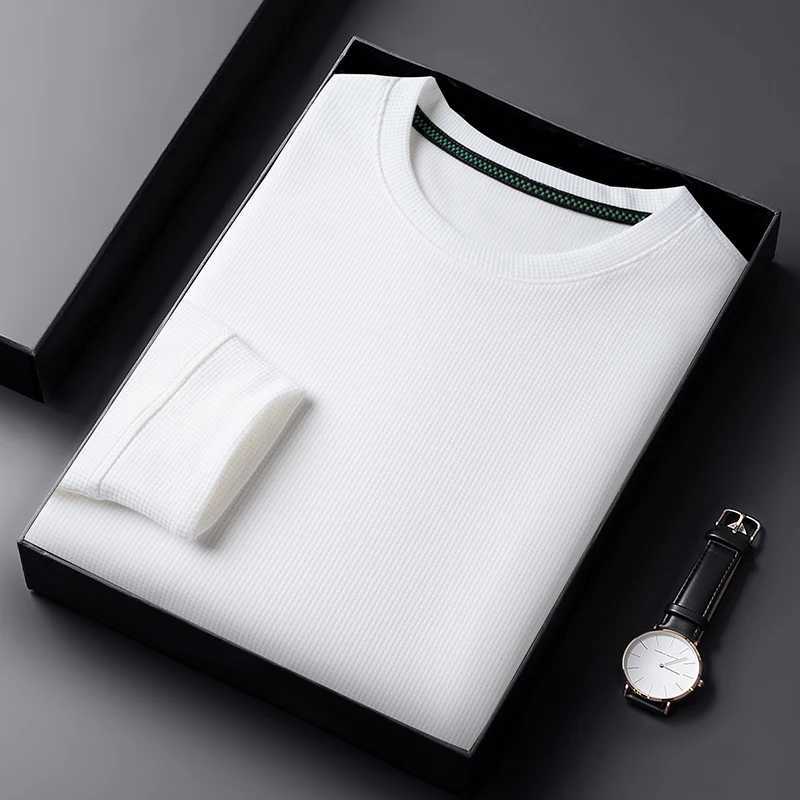 Camisetas masculinas masculas camiseta de pescoço redonda do waffle casual respirável e elegante camiseta de manga longa de manga longa2404